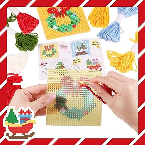 Pllieay Christmas 10-in-1 Cross Stitch Beginner Kit for Kids, Includes Instruction of 10 Different Patterns, 10 Printed Plastic canvases for Needlework, Needlepoint Starter Sewing Set - Image 4