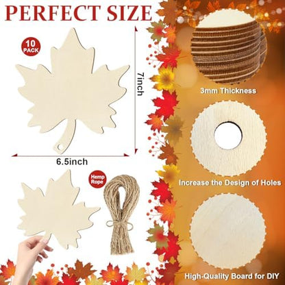 Large Size 7inch Wooden Fall Ornaments to Paint Halloween Thanksgiving Thanksgiving, Maple Leaf Cutouts Unfinished DIY Blank Unfinished Wood Discs Ornament for Crafts Hanging Autumn Decorations 10PCS - Image 2