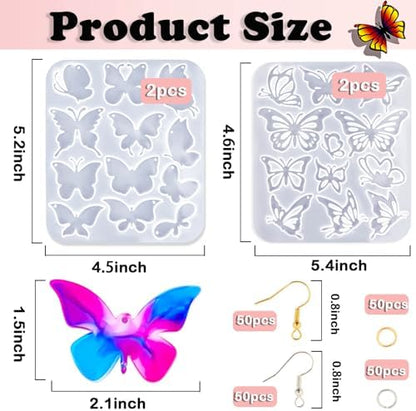 JHYlilia 24 Pairs Butterfly Resin Earring Molds, Butterfly Silicone Jewelry Resin Molds with 200Pcs Ear Hooks & Jump Rings, DIY UV Epoxy Resin Casting Kit for Earrings Pendants Keychains - Image 2