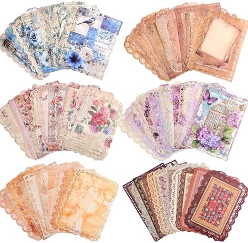 66 Sheets Lace Edged Scrapbook Paper Set, 6 Packs Vintage Decorative Paper Scrapbooking Supplies for Letter Writing Background Stationery Ephemera for Junk Journaling, DIY Art Collage 4.9x6.9 IN by emmoolife
