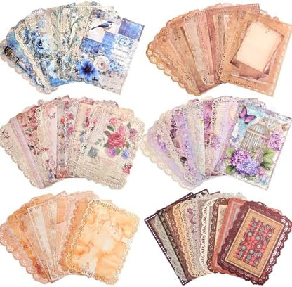 66 Sheets Lace Edged Scrapbook Paper Set, 6 Packs Vintage Decorative Paper Scrapbooking Supplies for Letter Writing Background Stationery Ephemera for Junk Journaling, DIY Art Collage 4.9x6.9 IN by emmoolife