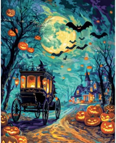 NXIKYO Halloween Carriage Paint by Numbers Kit for Adults Beginner, Night Adult Paint by Number Kits on Canvas, DIY Acrylic Oil Easy Painting by Numbers for Home Wall Decor 16x20 inch (Without Frame) by NXIKYO