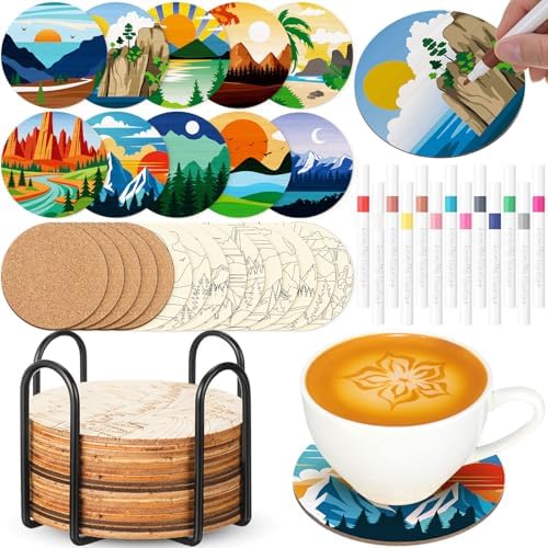 Reallnaive 45 Pcs Wooden Coaster Painting Kit, 10 Landscape Wood Coasters by Reallnaive