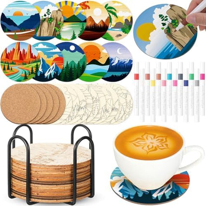 Reallnaive 45 Pcs Wooden Coaster Painting Kit, 10 Landscape Wood Coasters by Reallnaive