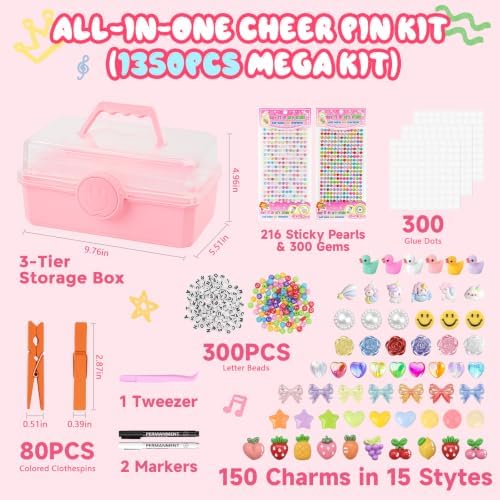 1350Pcs Cheer Pin Kit with 3-Tier Box, DIY Cheer Pins Spirit Clips Supplies, 80 Cheer Clothes Pins for Crafts, Clothespin Decorating Kit for Dance Volleyball Team, Sports Events Cheerleader Gifts Bulk - Image 2
