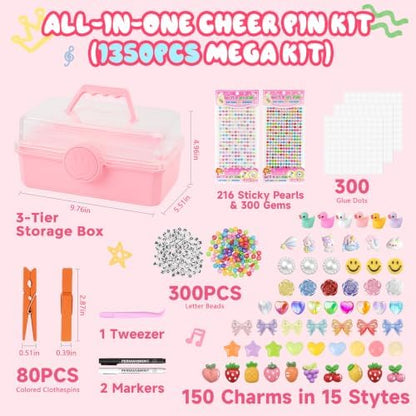 1350Pcs Cheer Pin Kit with 3-Tier Box, DIY Cheer Pins Spirit Clips Supplies, 80 Cheer Clothes Pins for Crafts, Clothespin Decorating Kit for Dance Volleyball Team, Sports Events Cheerleader Gifts Bulk - Image 2