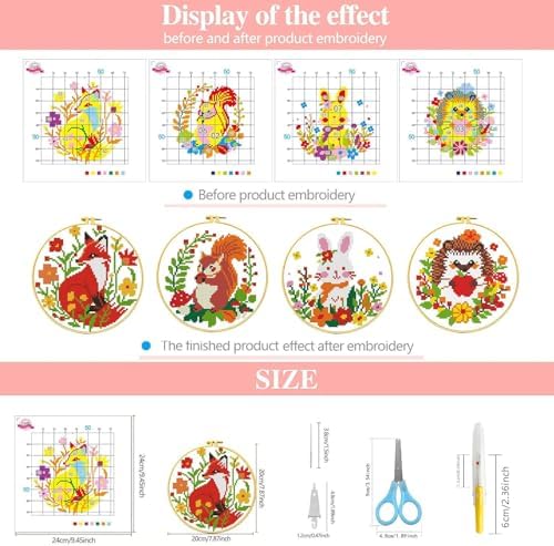 Zhenqing 4 Pack Woodland Animal Stamped Cross Stitch Kit, 11CT Printed Fox Squirrel Hedgehog Bunny Patterns with Hoop and Tools for Adults and Beginners - Image 5
