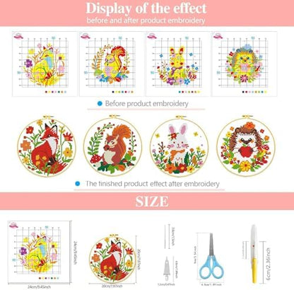 Zhenqing 4 Pack Woodland Animal Stamped Cross Stitch Kit, 11CT Printed Fox Squirrel Hedgehog Bunny Patterns with Hoop and Tools for Adults and Beginners - Image 5