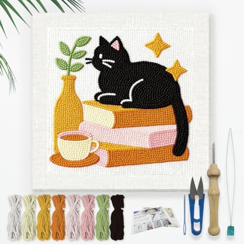 Doodlream Cat on Books Needle Kit for Beginner, 9.4"x 9.4" Coffee and Plant Punch Stitching Craft Set, Color DIY Embroidery Starter with Printed Frame, Instruction, Threader, Yarn, Pinch Needle by Doodlream