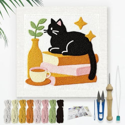 Doodlream Cat on Books Needle Kit for Beginner, 9.4"x 9.4" Coffee and Plant Punch Stitching Craft Set, Color DIY Embroidery Starter with Printed Frame, Instruction, Threader, Yarn, Pinch Needle by Doodlream