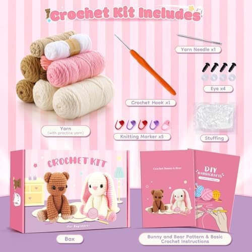Bunny and Bear Crochet Kit for Beginners 2PCS Crochet Starter Kit for Adult - Image 2