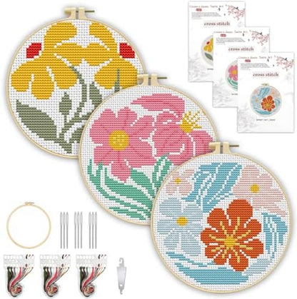 3 Pack Flower Stamped Cross Stitch Kits for Beginners,with Hoop 6x6 inch by TCDZMYGS