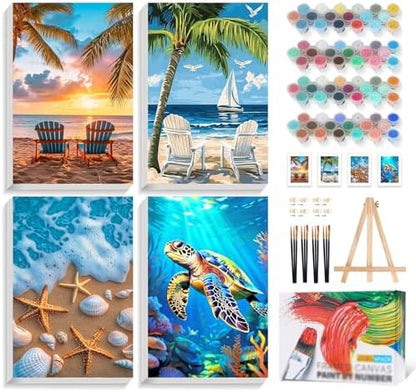 4 Pack Framed Paint by Numbers Kit for Adults with Wooden Easel, Beach by Yezavesu