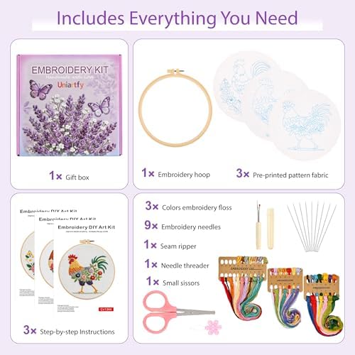 Uniartfy 3 Pack Funny Rooster and Flower Embroidery Kits for Beginners, Animal Cross Stitch Kit for Adults, DIY Needlepoint with Stamped Pattern, Embroidery Hoop, Tools, Colorful Threads, Instructions - Image 2