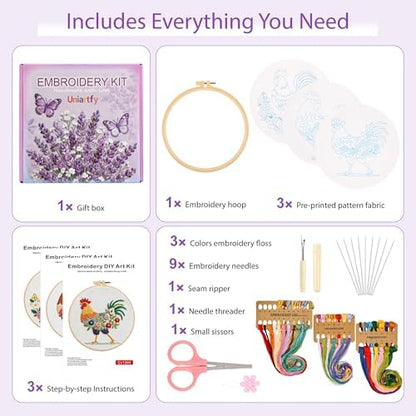 Uniartfy 3 Pack Funny Rooster and Flower Embroidery Kits for Beginners, Animal Cross Stitch Kit for Adults, DIY Needlepoint with Stamped Pattern, Embroidery Hoop, Tools, Colorful Threads, Instructions - Image 2