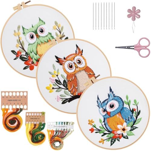 Konrisa Owl Embroidery Kit for Beginners Adult, Embroidery Starter Kit with Cloth Hoops Threads DIY Sewing for Craft Lover Hand Stitch Needlepoint Kits by Konrisa