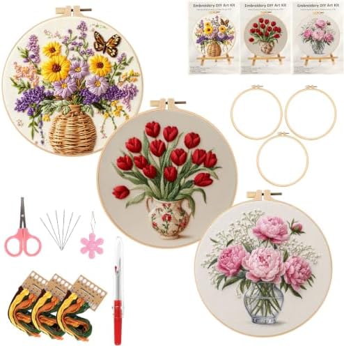 LYMIGER 3 Packs Embroidery Kit for Adults, Embroidery for Beginners (Vase) by Unknown