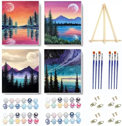 4 Pack Paint by Numbers Kit for Adults Framed Canvas with Wooden Easel by VIGEGU