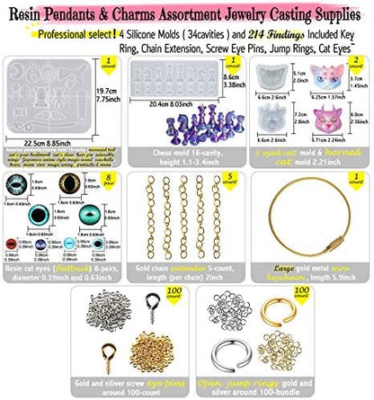 FUNSHOWCASE Jewelry Making Molds Resin Casting Set Charms and Pendants, Chess 3 Eyed Kitty Hair Pin Silicone Mold, with Key Ring, Chain Extension, Screw Eye, Jump Rings, Cat Eye Domes 218-kit - Image 2