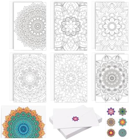 Gueevin 24 Pcs Mandala Coloring Greeting Cards with Envelopes and Stickers Floral Color Your Own Postcards 4 x 6 Flower Thank You Note Cards for Adults Wedding Birthday Gifting DIY Crafts Mailing by Gueevin