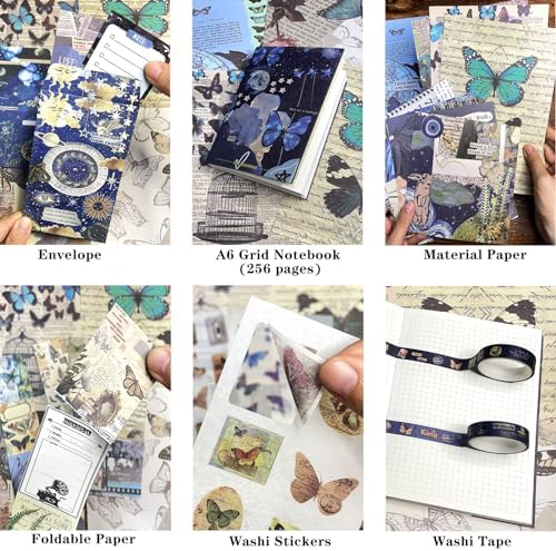 BoomTeck Vintage Aesthetic Scrapbooking Supplies, Bullet Junk Journal Kits with Scrapbook Paper, Washi Stickers, A6 Grid Notebook - DIY Craft Journaling Gift for Teen Girl Adult (Butterfly Garden) - Image 4