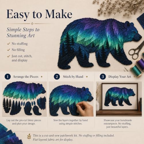 Northern Lights Animal Embroidery Kit DIY Fabric Patchwork Craft Set (BEAR) - Image 6