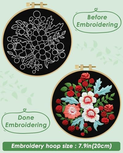 ERKOON Embroidery Kit for Beginners, Flower Cross Stitch Set for Include Embroidery Cloth Hoops Threads for Craft Lover Hand Stitch with Embroidery Skill Techniques (Dream Black Cloth) - Image 3