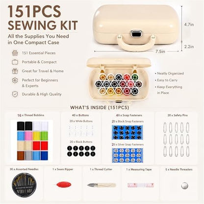 FKOG Retro Green Sewing Project Kit, 151 Pcs Sewing Kit with Portable Retro Hard-Shell Case, 18 Multicolor Thread Spools, Needles, Buttons, and Accessories (Used Green) - Image 2