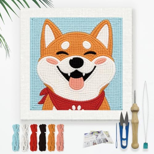 Doodlream Happy Shiba Inu Needle Kit for Beginner, 9.4"x 9.4" Cute Dog Punch Stitching Craft Set, DIY Embroidery Starter with Printed Frame, Instruction, Threader, Yarn, Pinch Needle by Doodlream