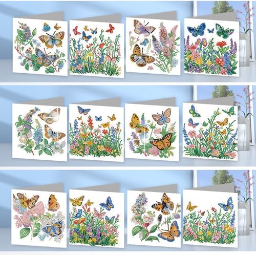 jinglinhh 12pcs Diamond Art Painting Butterfly Among Flowers Greeting Cards with Envelopes, DIY Card Making Kits for Adults, Diamond Art Christmas Cards for Birthday Holiday Gifts - Image 4