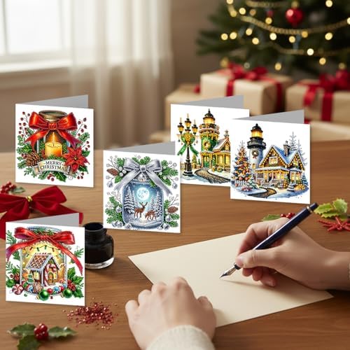 jinglinhh 12pcs Diamond Art Painting Christmas Lighthouse Tree Santa Greeting Cards with Envelopes, DIY Card Making Kits for Adults, Diamond Art Christmas Cards for Holiday Gifts - Image 7
