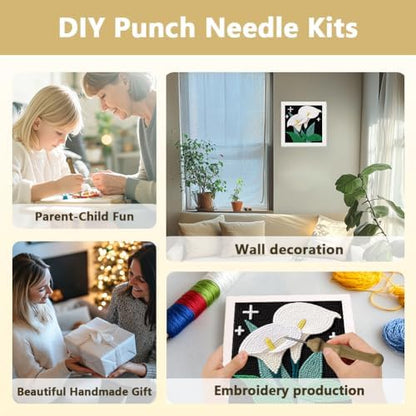 Doodlream Calla Lily Flower Needle Kit for Beginner, 9.4"x 9.4" Elegant Floral Punch Stitching Craft Set, Color DIY Embroidery Starter with Printed Frame, Instruction, Threader, Yarn, Pinch Needle - Image 4
