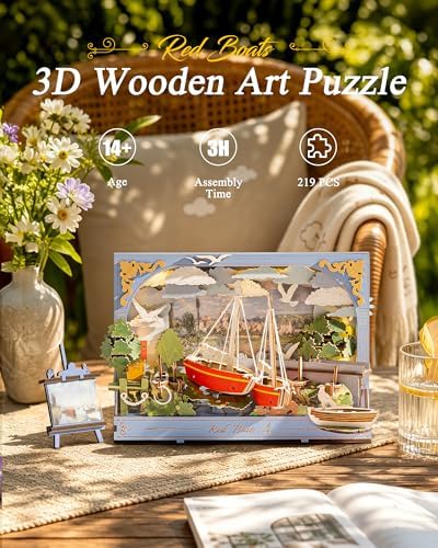 3D Wooden Puzzles for Adults - Monet DIY Model Building Kits Ship Crafts with LED Light - Home Decor, Wall Art & Unique Creative Gifts for Art Lovers (Red Sailboat) - Image 2