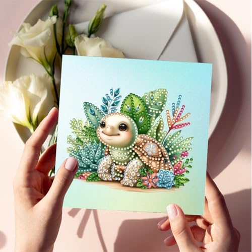 jinglinhh 6pcs Diamond Art Painting Garden Animal Seaturtle Dog Panda Elephant Owl Cat Greeting Cards with Envelopes, DIY Card Making Kits for Adults, Diamond Art Postcards Holiday Cards Craft Gifts - Image 7