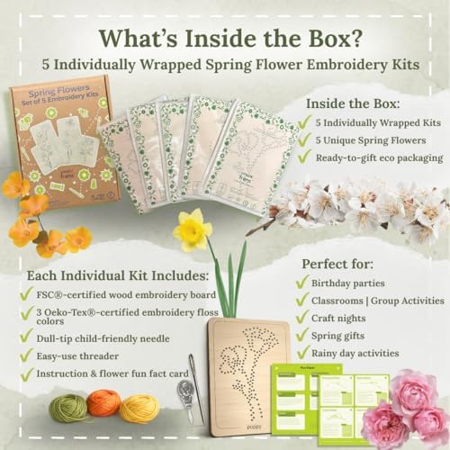 Wooden Flower Lacing Embroidery Kits for Beginners, Set of 5 Learn-to-Stitch Craft Boards, Sewing & Embroidery Art Kits for Kids Ages 8+, DIY Craft Projects, Educational Gifts, Party Favors (Spring) - Image 2
