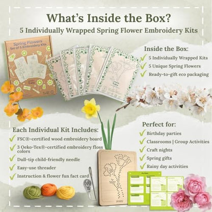 Wooden Flower Lacing Embroidery Kits for Beginners, Set of 5 Learn-to-Stitch Craft Boards, Sewing & Embroidery Art Kits for Kids Ages 8+, DIY Craft Projects, Educational Gifts, Party Favors (Spring) - Image 2