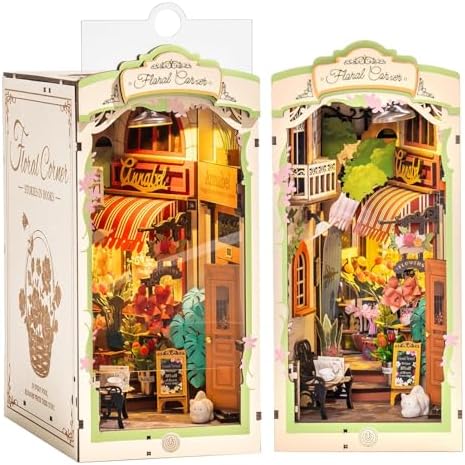 Rolife DIY Book Nook Kits for Adults, Miniature Dollhouse Booknook Kit for Home Room Decor, 3D Wooden Puzzle with LED, Flower Corner Creative Bookends Bookshelf Diorama Insert by Rolife