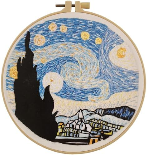 Esffaci Embroidery Starter Kit for Adults Beginners with Van Gogh Starry Night Pattern Stamped Cross Stitch Set with Embroidery Cloth Hoop Needles Threader Colorful Floss and Instruction by Esffaci