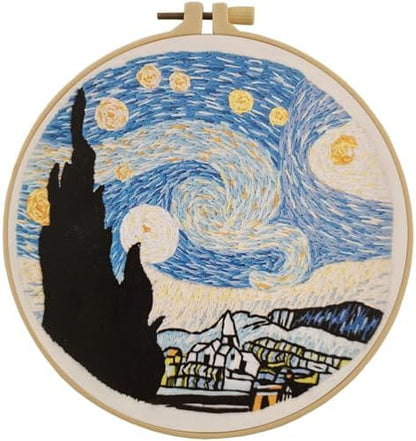 Esffaci Embroidery Starter Kit for Adults Beginners with Van Gogh Starry Night Pattern Stamped Cross Stitch Set with Embroidery Cloth Hoop Needles Threader Colorful Floss and Instruction by Esffaci