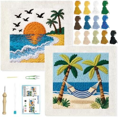BEUNITONE 2Set Punch Needle Kits with Beach Pre-Print Pattern Easy for Adults Beginners, DIY Craft Embroidery Needlepoint Kits, Punch Needle Set for Craft Lovers Home Decor Festival Gift 9.4x9.4 by BEUNITONE