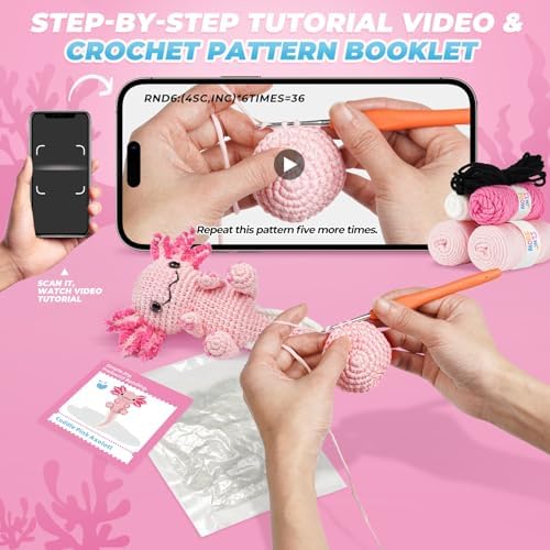 MOREJMTT Crochet Kit for Beginners, Learn to Crochet, Include Easy Knitting Soft Yarn, Step-by-Step Video Tutorial, Hook, Holiday Birthday Gift for Adults (Happy Axolotl) - Image 4