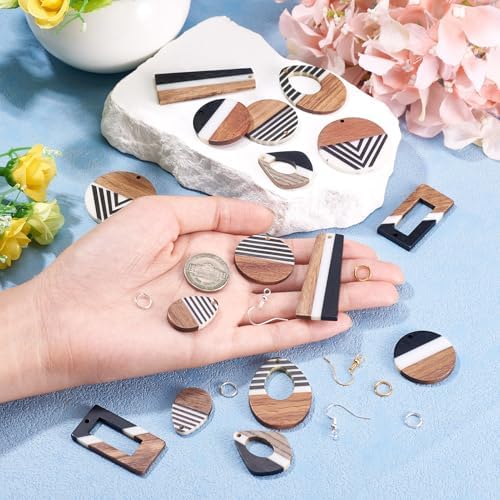 FASHEWELRY 16Pcs Resin Wooden Earring Pendants Vintage Stripe Teardrop Resin Walnut Wood Statement Pendants for Jewelry Making - Image 3