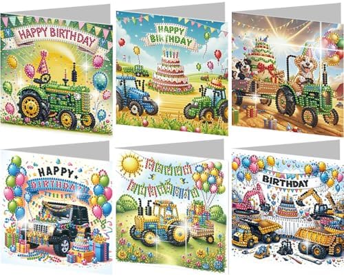 jinglinhh 6pcs Diamond Art Painting Happy Birthday Tractor Truck Excavator Cake Dog Puppy Greeting Cards with Envelopes, DIY Card Making Kits for Adults, Diamond Art Postcards Christmas Cards Craft Gifts by Unknown