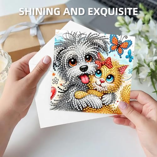 jinglinhh 6pcs Diamond Art Painting Cats and Dogs Hugging Greeting Cards with Envelopes, DIY Card Making Kits for Adults, Diamond Art Postcards Christmas Cards Craft Gifts - Image 6