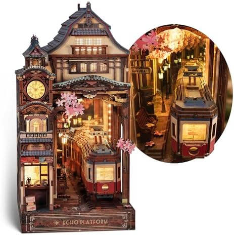 FUNPOLA Sakura Train Book Nook Kit – LED 3D Wood Puzzle with Infinity Mirror – DIY Bookshelf Decor, Miniature Craft Gift for Adults by FUNPOLAHomeDecor3DPuzzles