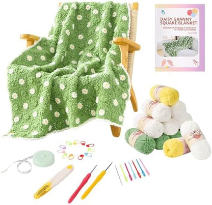 CSWCS Crochet Blanket Kit for Beginners, Daisy Granny Square Throw Kit for Adults, Easy Learn How to Knitting with Yarn & Hook, Complete Starter Set with Step-by-Step Instructions (39" x 31") by Cswcs