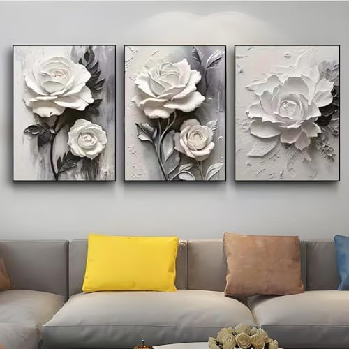 GEMOUJ 3 Packs Flower Paint by Numbers Kit for Adults - White Rose Adult Paint by Number Kits on Canvas for Beginner, DIY Painting by Numbers Kit,for Home Wall Decor 12 x 16 Inch - Image 3