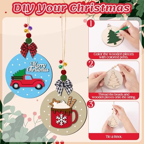 WATINC DIY 3D Christmas Ornaments Kit to Paint - 12 Styles Unfinished Wooden Hanging Decor with Raised Designs, Includes Paint Pens, Bells, Bows & Beads, Xmas Tree Art Crafts Supplies (Christmas) - Image 3