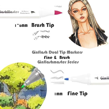 Ginflash Brush & Fine Tip Art Markers Pen Sketch Alcohol Based Markers Dual Tipped Manga Drawing Coloring Marker Art Supplies (80)