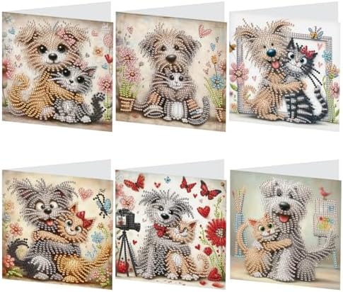 6 Pcs 5D Diamond Painting Greeting Cards Kits, Handmade Festival Greeting Cards with Envelopes DIY Diamond Art Crafts Birthday Cards Laser Effect for Birthdays Holidays Celebrations (Cat Dog Cuddling) by AiYuanzsh